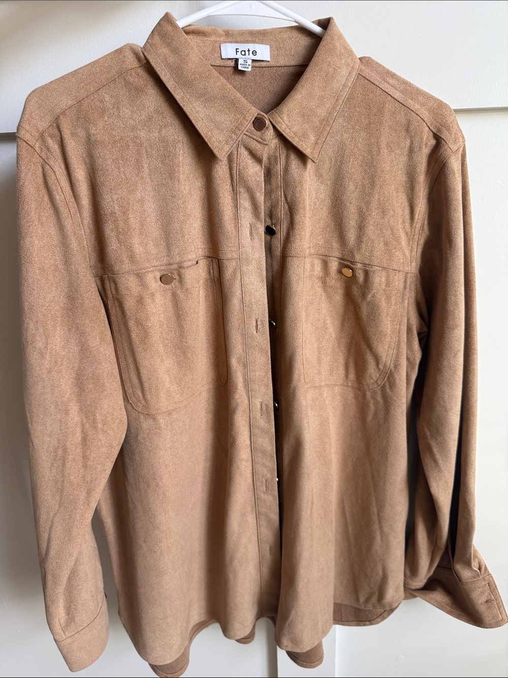 Fate Women’s Camel Suede-Look Button Down Shirt - size small